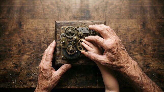 Father's Day Grandfather and Grandchild Hands Assembling Mechanical Gears