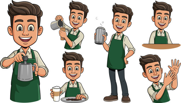 Male barista cartoon character in green apron making and serving coffee vector illustration pose collection set