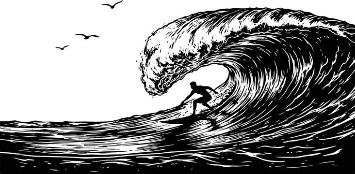 Surfer riding large wave, silhouette with birds surfing