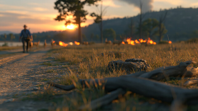 Person walking on a dusty path during sunset with controlled fires in background, dirt road