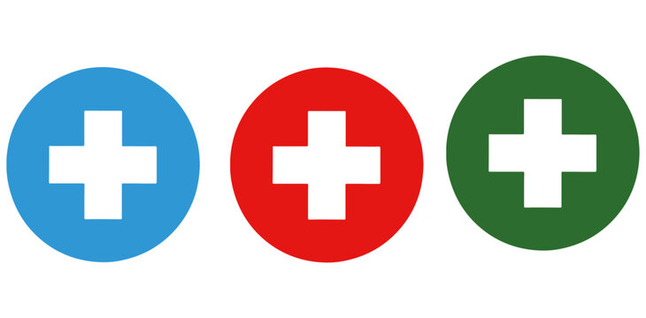 Three colored plus sign blue, red, and green white background