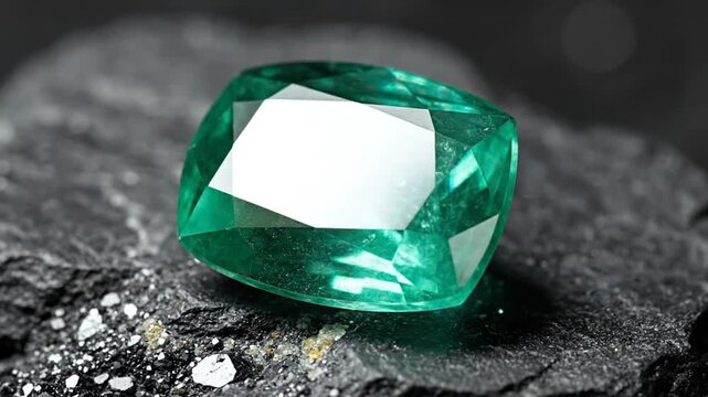 Faceted green emerald gemstone on a dark rough stone