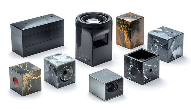 Collection of cubic and rectangular components, some with marbled textures and metallic speckles, representing modular parts and industrial design elements