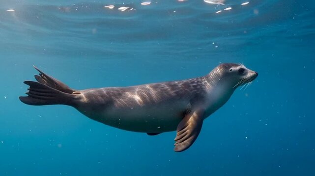 Underwater seal swimming gracefully in clear blue ocean water, sunlit surface above