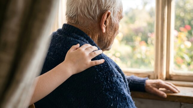 Father's Day Grandfather with Grandchild Hand on Shoulder by Window