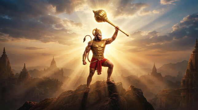 Lord Hanuman digital illustration holding golden gada with glowing sunlight, Hindu mythology spiritual background wallpaper