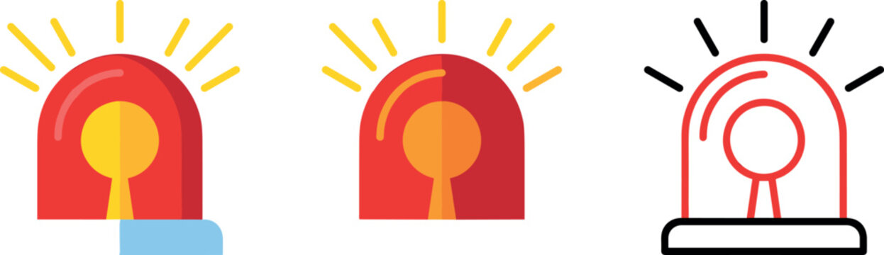 Set of Emergency Siren Icons Featuring Flashing Lights for Alert, Warning, and Safety Concepts
