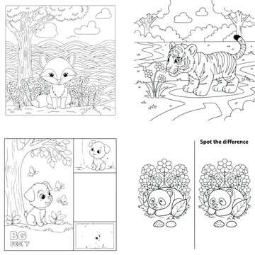 Collection of spot the difference and coloring activity pages with tiger lion cub and puppy for children