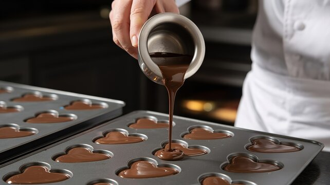 Chef pouring liquid chocolate into cloud-shaped molds for confectionary dessert production.