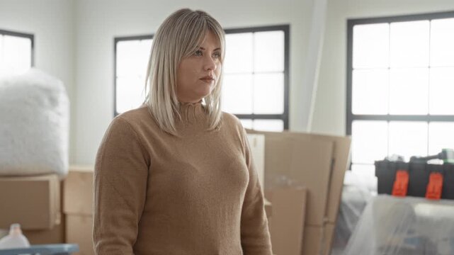 Woman with stacked cardboard boxes in a partly packed room, smiling and gazing sideways while wearing a brown sweater, inside a building; contentment.