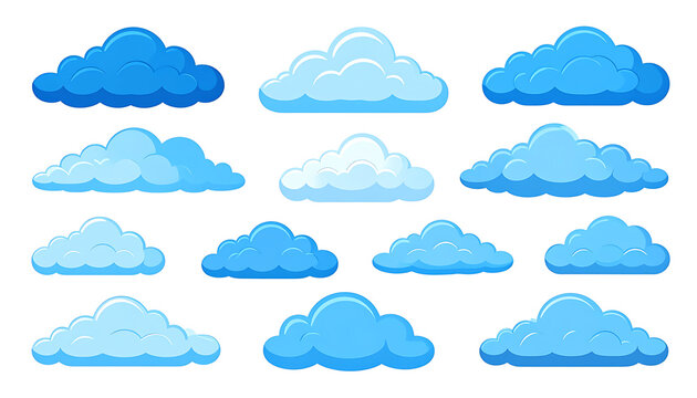 Collection of pixel art clouds in various shades of blue and white, rendered in a retro 8-bit style for digital or game design