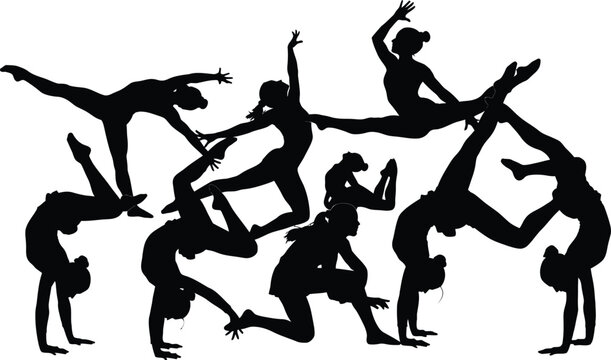 Silhouette of a group of gymnasts performing acrobatic poses
