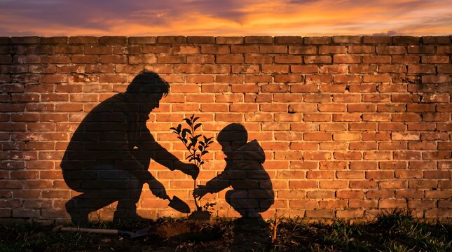 Father's Day Father and Child Silhouettes Planting Tree at Sunset