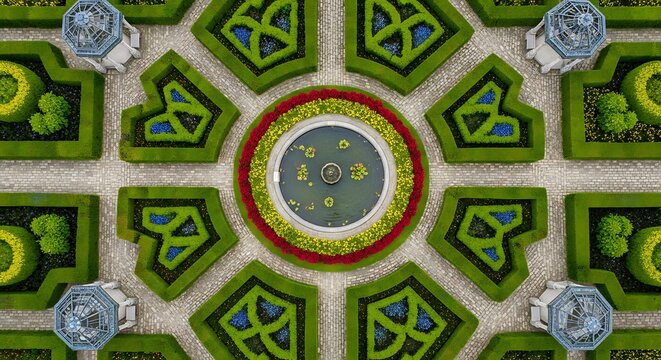 Symmetrical Formal Garden Centerpiece with Circular Pond and Floral Borders