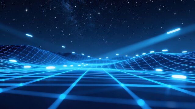 Digital landscape with glowing grid and stars