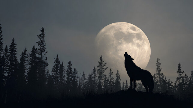 A captivating scene unveils a lone wolf silhouetted against a luminous full moon, evoking a sense of wilderness, mystique and untamed nature. 
