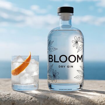 Bottle of dry gin and glass with ice on a stone surface