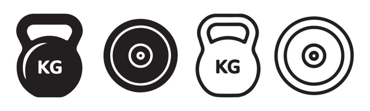 Kettlebell and weight plate icons in solid and outline style for gym equipment and fitness training branding.