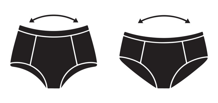 Black and white icons showing underwear size comparison with arrows indicating fit range.