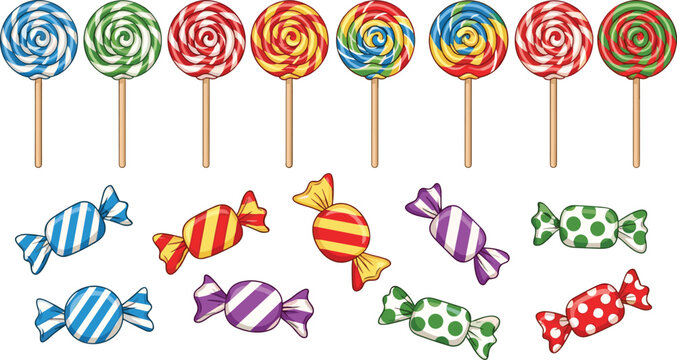 Colorful Candy and Lollipop Vector Set Featuring Swirled Suckers and Wrapped Hard Candies with Vibrant Stripes and Polka Dots for Sweet Celebration Party Designs