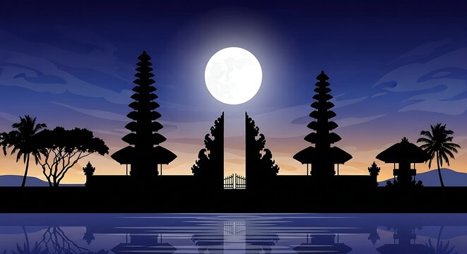 Balinese Candi Bentar Gate Silhouette under Full Moon at Night