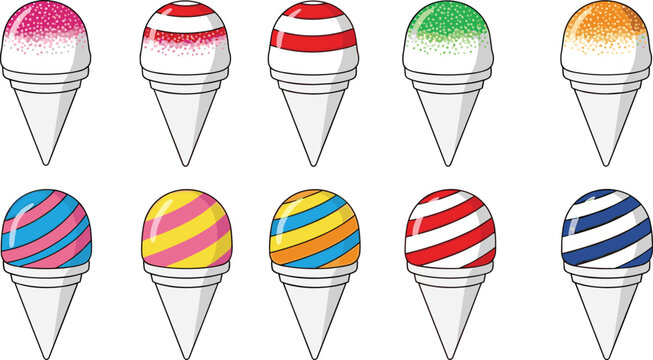 Colorful Snow Cone Vector Icon Set Featuring Various Flavors with Striped and Solid Syrups for Summer Party Treats and Cold Dessert Food Stand Designs
