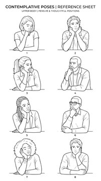Contemplative Poses Reference Sheet Figure Drawing Upper Body Pensive Thoughtful Positions