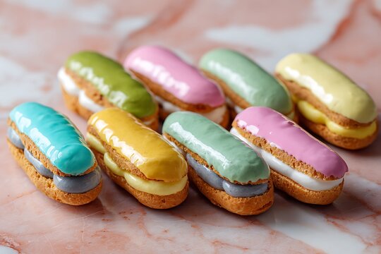Mini pastel eclairs with alternating colored fillings on a blush marble surface 