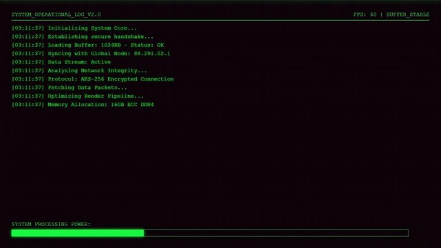 Retro Green Tech Terminal Digital System Operational Log and Cyber Security Data Processing Animation.