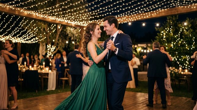 Elegant couple dancing at outdoor evening wedding reception, romantic gala dinner under fairy lights, formal garden party celebration with guests