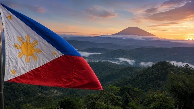Philippines Flag Waving over Mayon Volcano at Sunrise