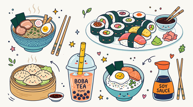 Cute hand drawn vector illustration featuring a delicious collection of popular asian food dishes and refreshing bubble tea drinks