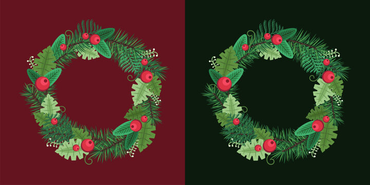 Floral wreath with red berries and green leaves. Botanical winter frame illustration isolated on background. Round border for greeting card and invitation design. Christmas and autumn seasonal decor.