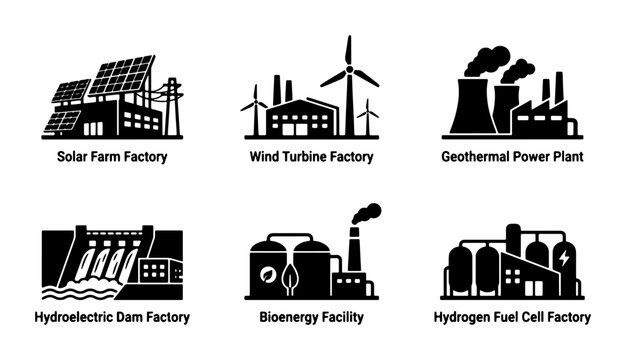 Renewable Energy Factories Set: Solar, Wind, Geothermal, Hydroelectric, Bioenergy, Hydrogen Fuel Cells, Industrial Power Generation Icons