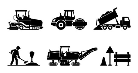 Construction Equipment Vector Icons: Asphalt Paver, Roller, Dump Truck, Worker, Excavator, Road Signs, Set for Infrastructure Projects © Jannatul