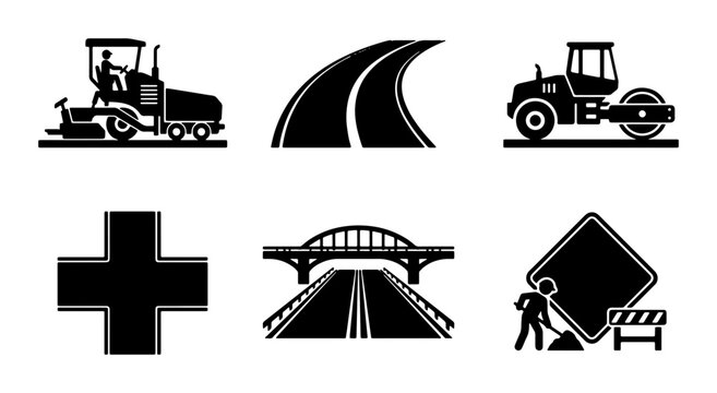 Road Construction Icons, Asphalt Paver, Road Roller, Bridge, Traffic Sign, Highway, Infrastructure Building Symbols