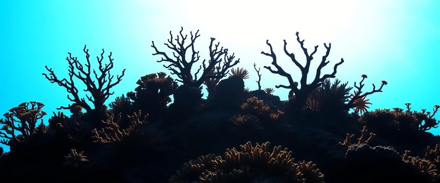 Intricate silhouettes of diverse coral species against a bright background,   nature photography,   biodiversity
