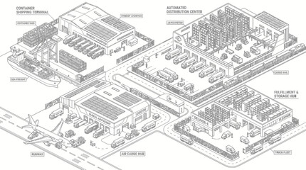 Fototapeta premium Isometric line drawing illustrating a comprehensive logistics and distribution complex with shipping terminals, automatic warehouses, smart logistics, and technical labs.