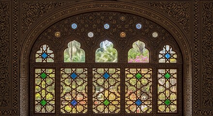 Obraz premium Intricate arched window with stained glass geometric patterns, looking out to greenery