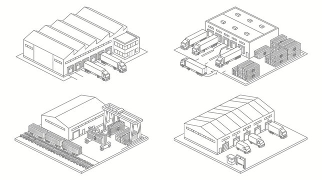 Isometric line art illustrations of various industrial buildings, warehouses, and logistics centers with trucks, trains, and loading docks.