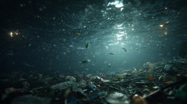 Underwater Trash Pile Plastic Bottles  Debris Choke Ocean Floor.