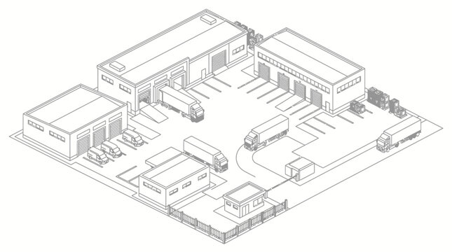 Isometric line drawing of a modern industrial logistics complex featuring multiple warehouses, loading docks, and trucks for efficient shipping and receiving operations.
