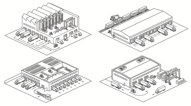 Detailed isometric line art illustrations of various industrial buildings, including warehouses, factories, and logistics hubs with loading docks and transport.