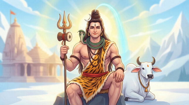 Lord Shiva digital illustration with trident and Himalayan temple scenery for spiritual devotional artwork background