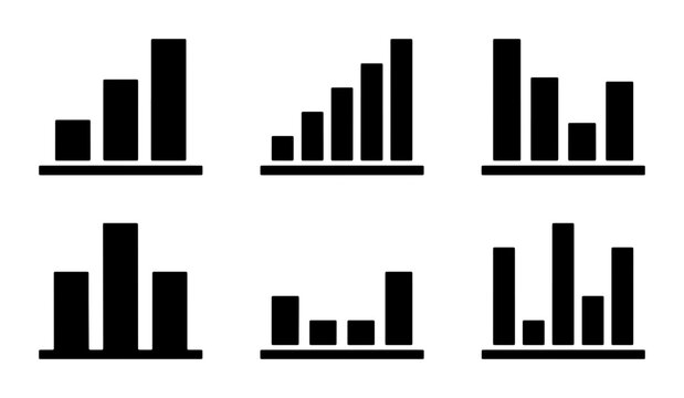 Six Black Bar Chart Icons, Data Visualization Set, Financial Growth Graphics, Business Analytics Symbols, Statistics Representation, Simple Vector Elements
