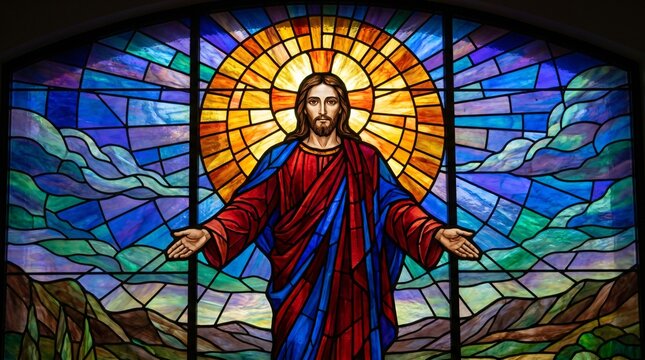 Jesus christ depicted in stained glass window with bright sunburst light behind him and colorful background behind him.