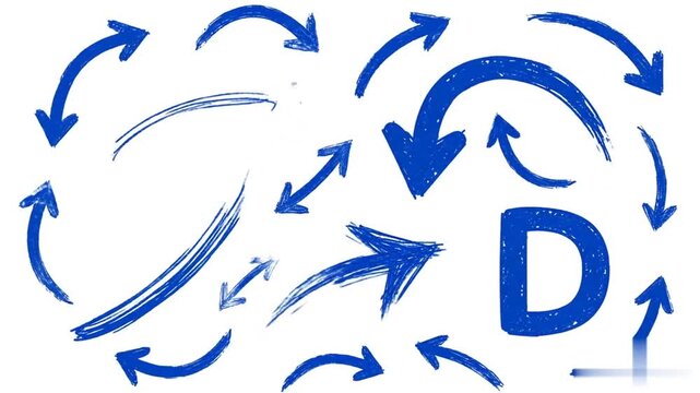 Artistic blue curved arrow hand drawn vector illustration collection. Scribble style pointer icon set isolated on white background for creative design projects and navigation visual elements.