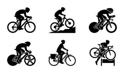 Fototapeta premium Cycling Silhouettes Collection: Road Race, Mountain Bike, Time Trial, Track Cycling, Commuter, BMX Action Icons