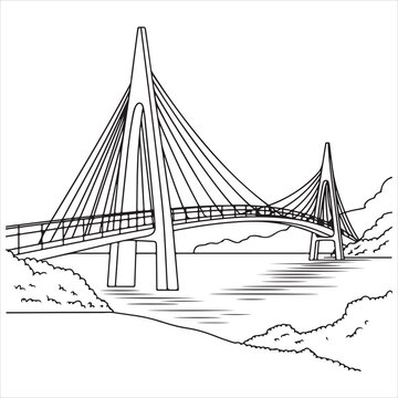 Elegant cable-stayed bridge spanning calm waters with mountainous backdrop