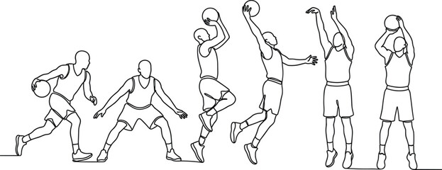 Basketball player line art, continuous one line drawing of athletes playing game, sports sequence isolated on white background, team © MstTanzina
